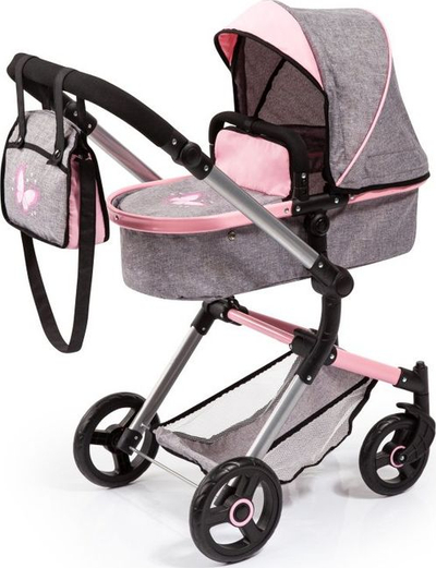 Karrocë lodër për kukulla Bayer City Baby Doll Pram, dorezë e rregullueshme, palosëse, gri