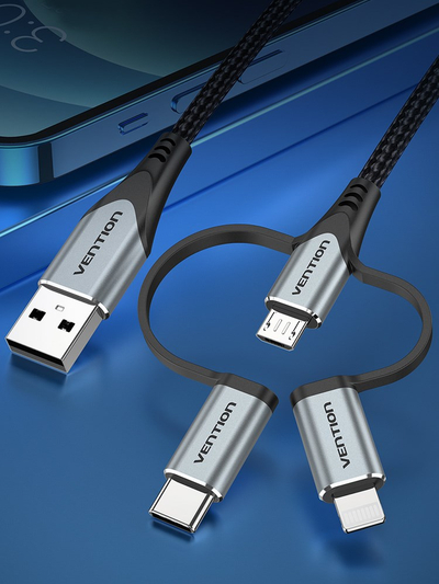 Кабел за полнење Vention 3 во 1, USB C Micro USB Lightning, 2.4A, 480Mbps, црна