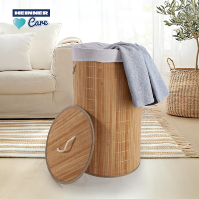 Shportë rrobash BAMBOO, rrumbullake 35x60 cm, 55 L, ngjyrë natyrale