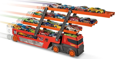 Камионче играчка Hot Wheels Mega Transporter 50th Anniversary GHR48, до 50 автомобилчиња, повеќекатен, повеќебоен