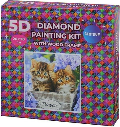 Set mozaik diamant 5D Centrum Kittens, me kornizë druri, 20x20 cm, shumëngjyrësh