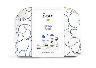 Set për trup Dove Deeply Nourishing, xhel dushi 250 ml + losion 250 ml + shampo për flokë 250 ml + antiperspirant 150 ml + krem trupi 100 g + çantë kozmetike