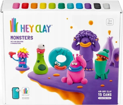 Set plasteline Hey Clay Monsters, 15 kanaçe, thahet në ajër, shumëngjyrësh