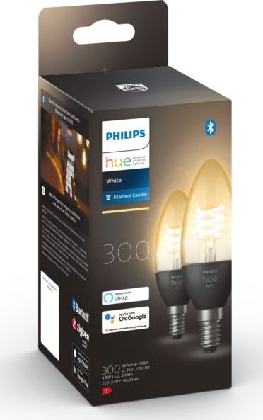 Llamba të zgjuara Philips Hue B39 Filament, set me 2 copë, LED 4.5W E14, dritë e ngrohtë