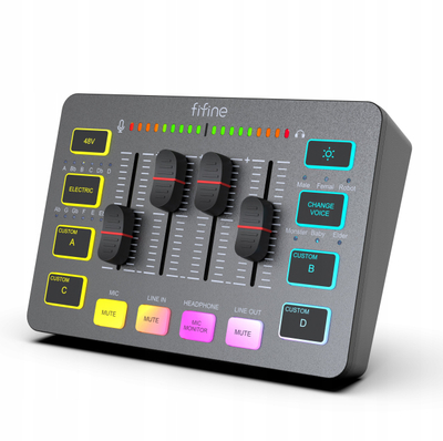 Mikser audio Fifine SC3, 2 kanale XLR, USB, RGB, i zi
