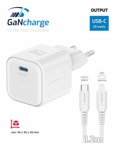 Karikues SWISSTEN GaN, 1x USB-C 20W PD, me kabllo Type-C/Lightning, i bardhë