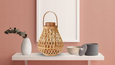 Fener dekorativ Rattan Glass Lantern, 25x30cm, për qiri, dru natyral
