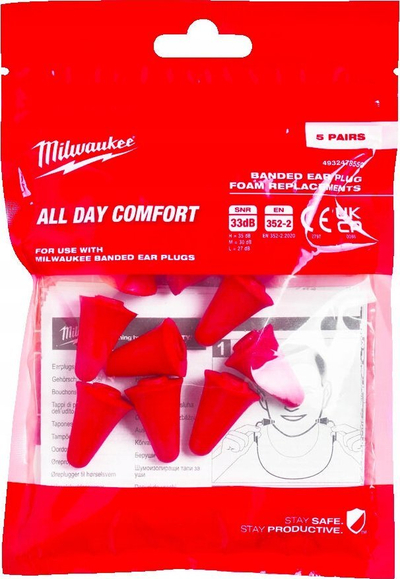 Tapa veshësh Milwaukee Red Reusable, 32 dB, set 5 copë, të kuqe