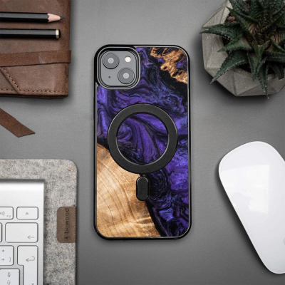 Mbulesë telefoni Bewood Unique Violet Fio për iPhone 15 Plus, dru dhe rrëshirë, MagSafe, vjollcë