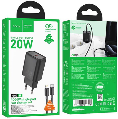 Karikues muri HOCO N60, 20W PD, Type C me kabllo Type C në Lightning, i zi