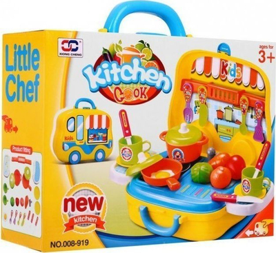 Lodër kuzhinë për fëmijë Little Chef, set valixhe, me enë dhe perime plastike, shumëngjyrëshe