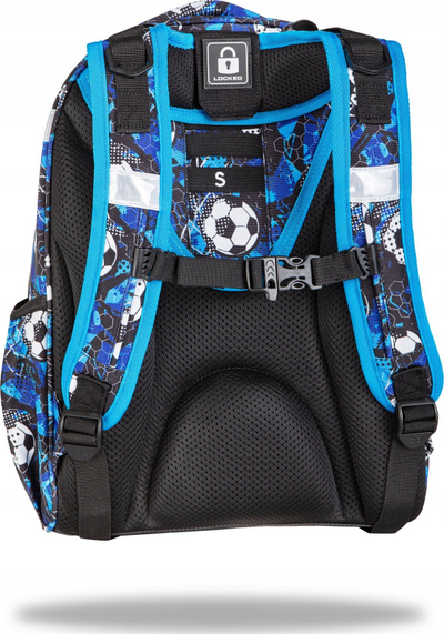 Çantë shpine CoolPack Turtle Soccer E15553, plot ndarje, me shirita që duken në errësirë, blu me figura futbolli