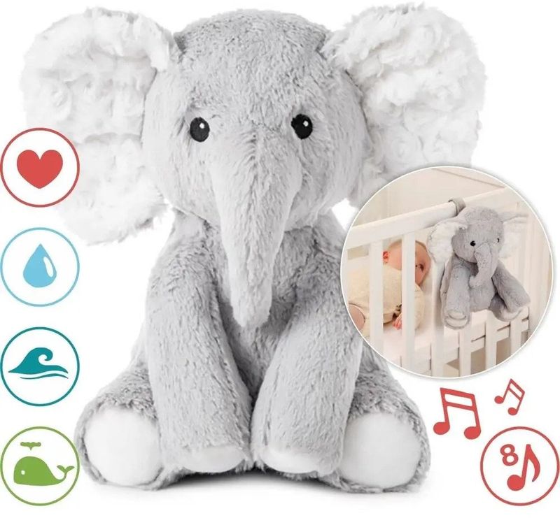 Lodër pelushi Cloud B Elliot Elephant, sound machine me zhurmë të bardhë, auto-shutoff, gri