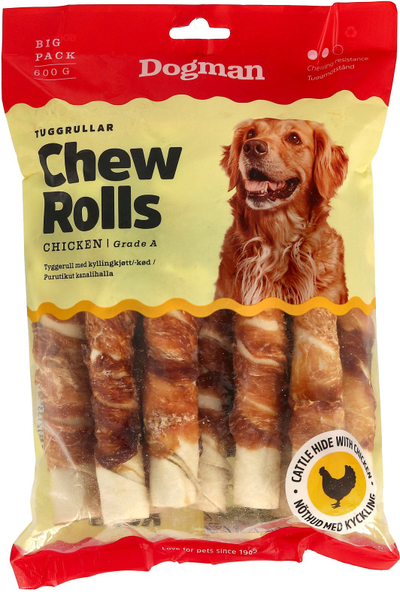 Shujta përtypëse për qen Dogman Chew Rolls Chicken, lëkurë lope me mish pule, 10 copë