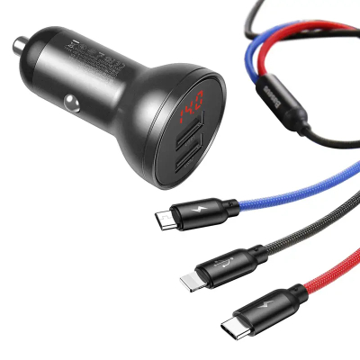 Karikues makine Baseus Three Primary Colors TZCCBX-0G, 2x USB-A 4.8A 24W, me kabllo 3 në 1, i zi