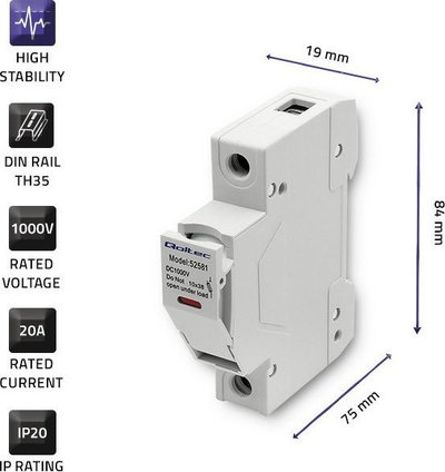 Bazë sigurese DC Qoltec, 1 pol, 1000V 20A, me diodë treguese