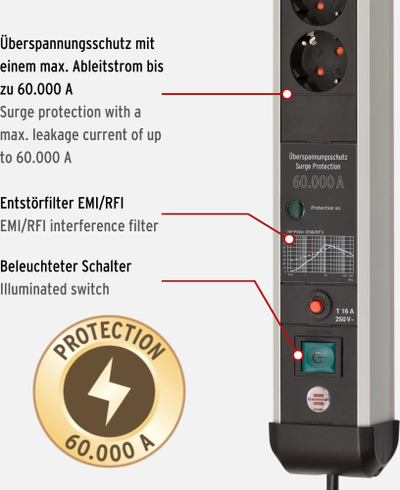 Prizë zgjatëse Brennenstuhl Premium Protect Line 1391010800, 8 dalje, kabllo 3 m, ngjyrë e zezë