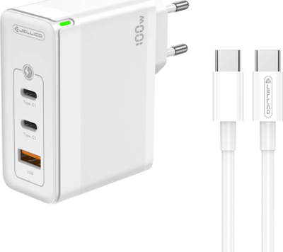 Karikues muri JELLICO C118 GaN PD, 100W, 2xUSB C 1xUSB QC3.0 me kabllo USB C, i bardhë