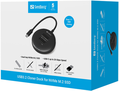 Dok bazë për SSD Sandberg USB 3.2 Cloner Dock, për NVMe M.2, USB C 20 Gbps, i zi