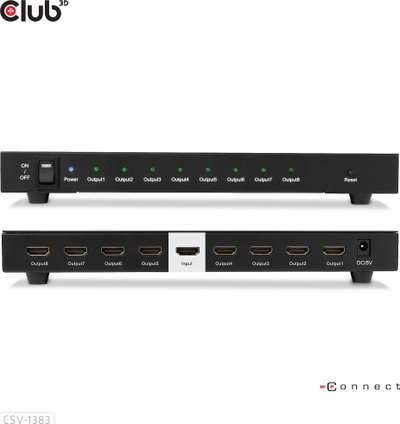 Ndarës video HDMI Club 3D CSV-1383, 1 me 8, 4K 60Hz, i zi