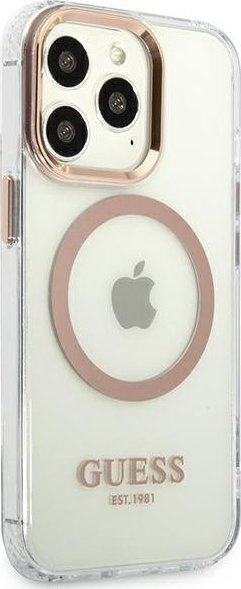 Mbulesë telefoni Guess Metal Outline MagSafe për iPhone 13 Pro Max 6.7", e artë, transparente