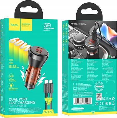 Karikues makine HOCO NZ12C, 2x Type C 60W, ekran digjital, portokalli transparent