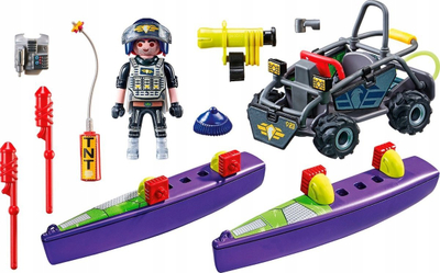 Set lodër Playmobil Tactical Multi Terrain Quad 71147, makinë policie që kthehet, me raketa