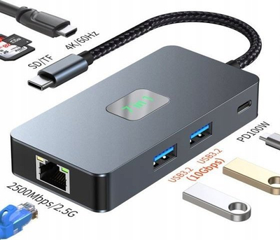 Adapter HUB USB C TB 7n1, HDMI 4K, RJ45 2500 Mbps, grafit