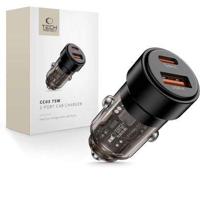 Автомобилски полнач Tech-Protect CC03, 75W, 2 USB PD приклучоци, црн