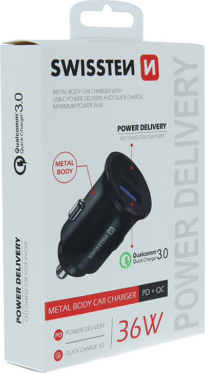Karikues makine Swissten CL Adapter, USB-C Power Delivery, Quick Charge 3.0 36W, metalik i zi