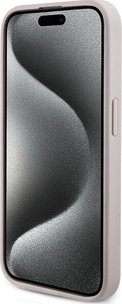 Këllëf telefoni Guess 4G lëkurë me logo metalike MagSafe për iPhone 15 Pro, i fortë, rozë
