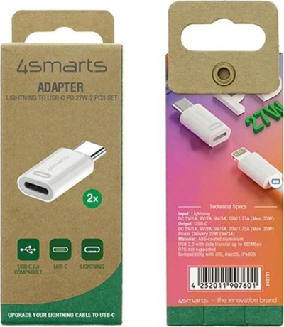 Adapter Lightning në USB C 4smarts PD 27W, set 2 copë, i bardhë