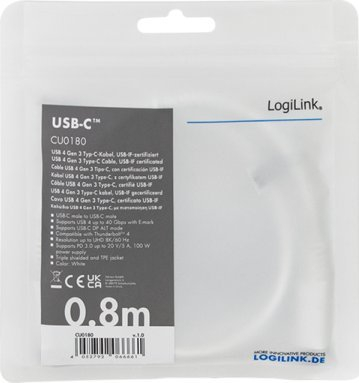 Kabllo USB LogiLink CU0180, USB C në USB C, 1m, e bardhë