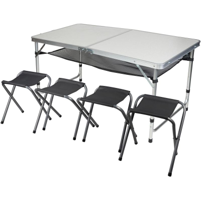 Set kampingu Energy Camp, tavolinë palos që bohet valixhe 120x60x70cm, 4 karrige, e bardhë