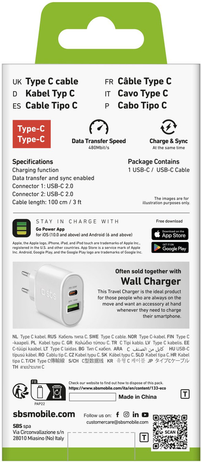 Kabllo USB C SBS TECABLETCC10W, USB 2.0, 25W 1m, e bardhë