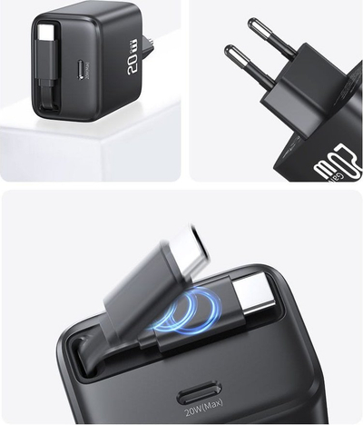 Karikues muri USAMS CC233, USB C 20W PD QC, kabllo USB C tërheqëse, i zi