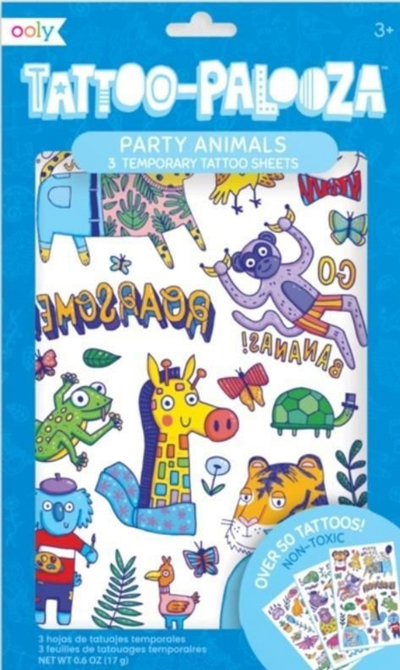 Set tatuazhesh të përkohshme OOLY Tattoo Palooza Party Animals, mbi 50 copë, për fëmijë, shumëngjyrëshe
