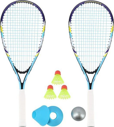 Set raketa speedminton NILS NRS001, 2 raketa, 3 volantë, blu