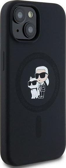 Kapak telefoni Karl Lagerfeld Karl and Choupette, silikon, MagSafe, për iPhone 15, i zi