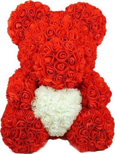 Ari dekorativ goca me trëndafila Roses Bear, 23 cm, trëndafila të kuq, zemër e bardhë