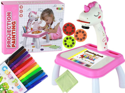 Tavolinë vizatimi me projektor Leantoys Unicorn, set me 12 lapsa, rozë