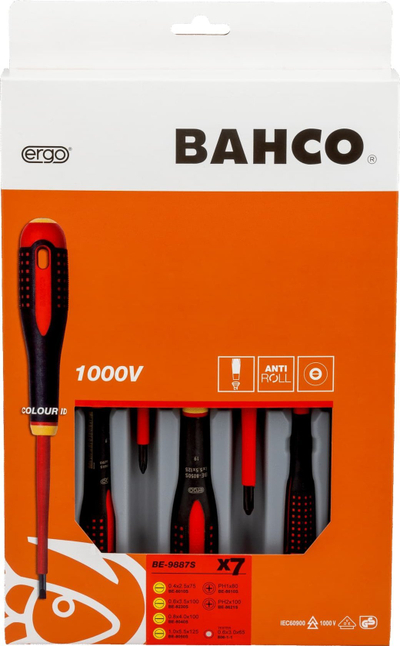 Set kaçavidash Bahco BE-9887S Ergo VDE, 7 copë, të izoluara 1000V, kuqe e zezë