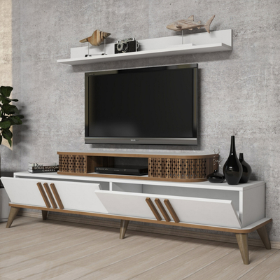 Kabinet TV Kalune Design September, me rafte, këmbë druri, e bardhë