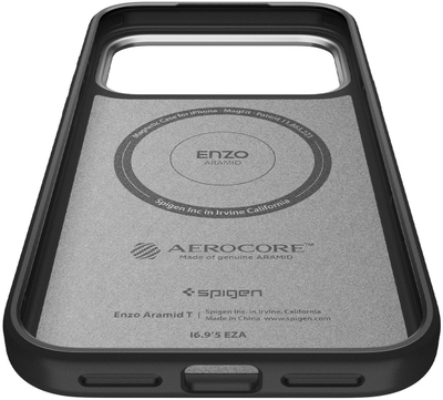 Mbulesë telefoni Spigen Enzo Aramid T MagSafe, për iPhone 17 Pro, rezistente, e zezë me argjend