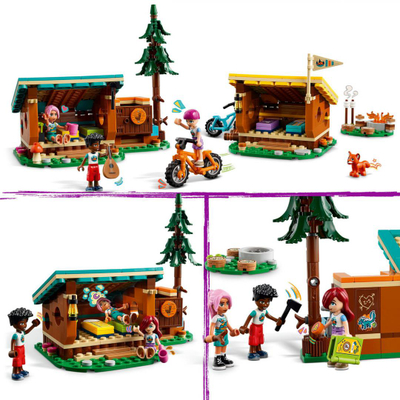 Lodra konstruktore LEGO Friends 42624 Adventure Camp Cozy Cabins, set ndërtimi kampingu, me figurina