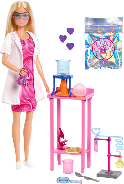Set lojërash Barbie Scientist Feature Playset, kukull shkencëtare, mbi 10 aksesorë, shumëngjyrësh