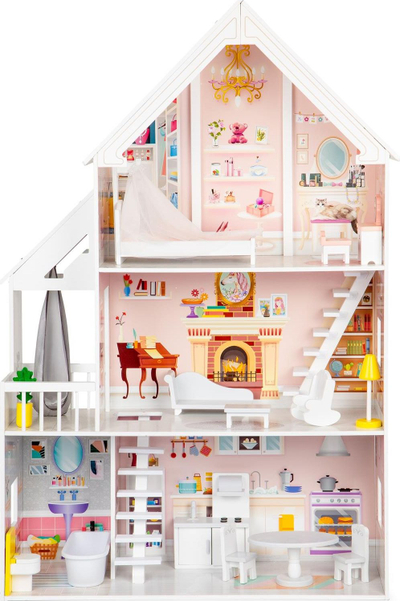 Shtëpi druri për kukulla ECOTOYS Powder Residence XXL, 3 kate, 5 dhoma, rozë