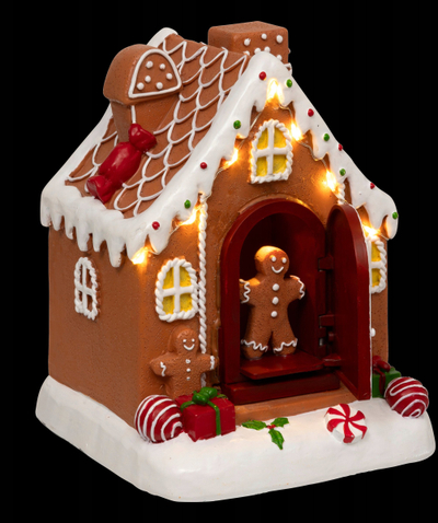 Stoli dekorativ Christmas House Gingerbread, me LED, muzikë edhe lëvizje, polirezine, shumëngjyrëshe