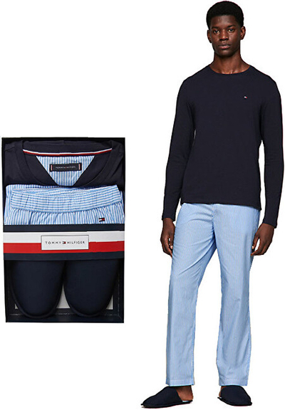 Set dhuratë për meshkuj Tommy Hilfiger, pizhame + pantofla, të zeza/ të kaltra