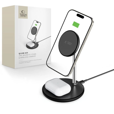 Karikues wireless 2‑në‑1 Tech‑Protect QI15W‑A39, 15W, me magnet, i zi